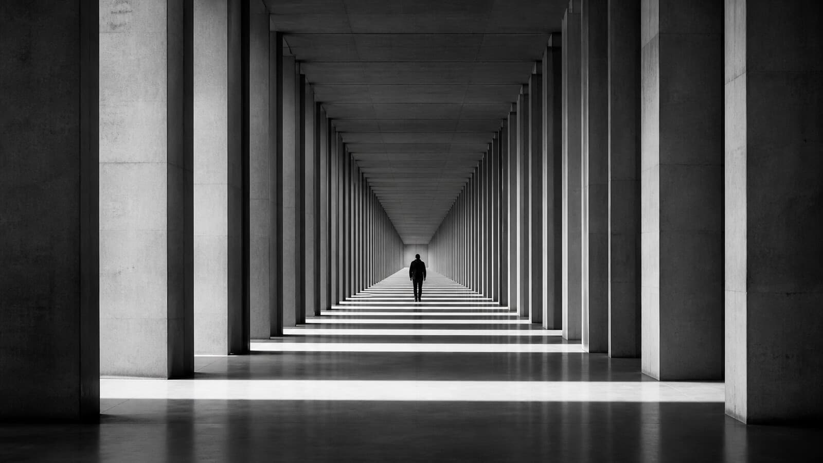 A long colonnade of identical columns in perfect rhythm